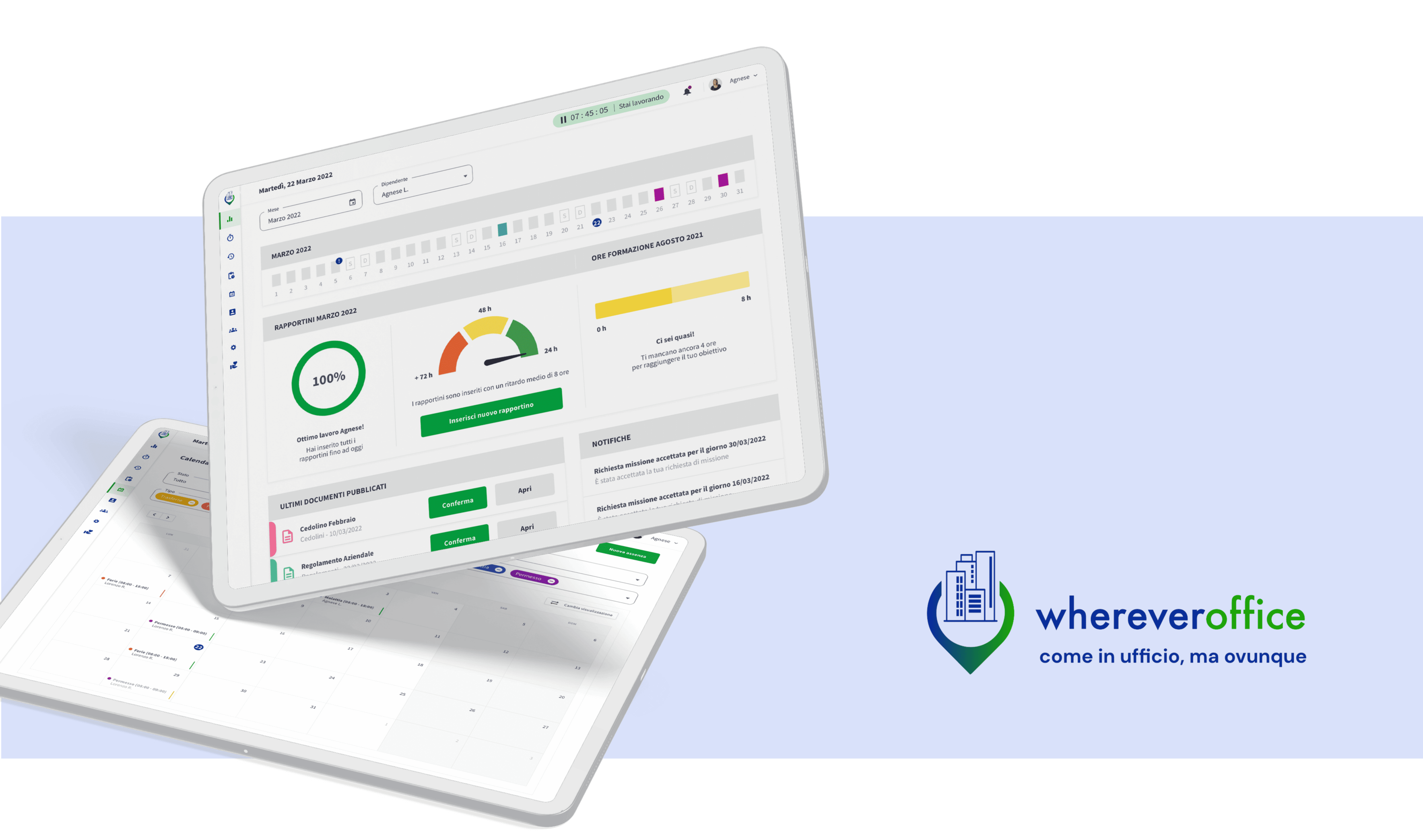 Immagine che rappresenta due dispositivi che mostrano l'applicativo di WhereverOffice