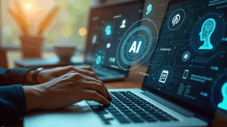 Icone e ologrammi legati all'AI compaiono sullo schermo di 2 pc e poco fuori dal loro schermo.