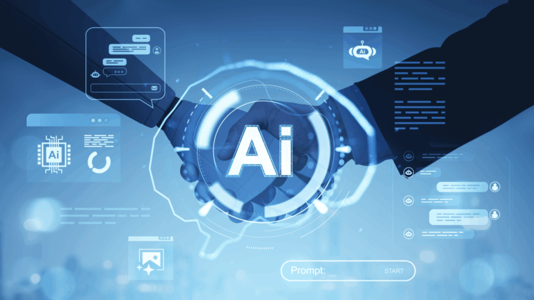 Illustrazione digitale di una stretta di mano tra un umano e un robot, circondata da interfacce olografiche e icone legate all'Intelligenza Artificiale.
