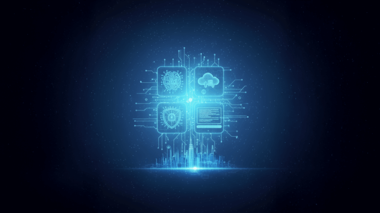 Icone olografiche che rappresentano cloud, cybersecurity, AI e codice
