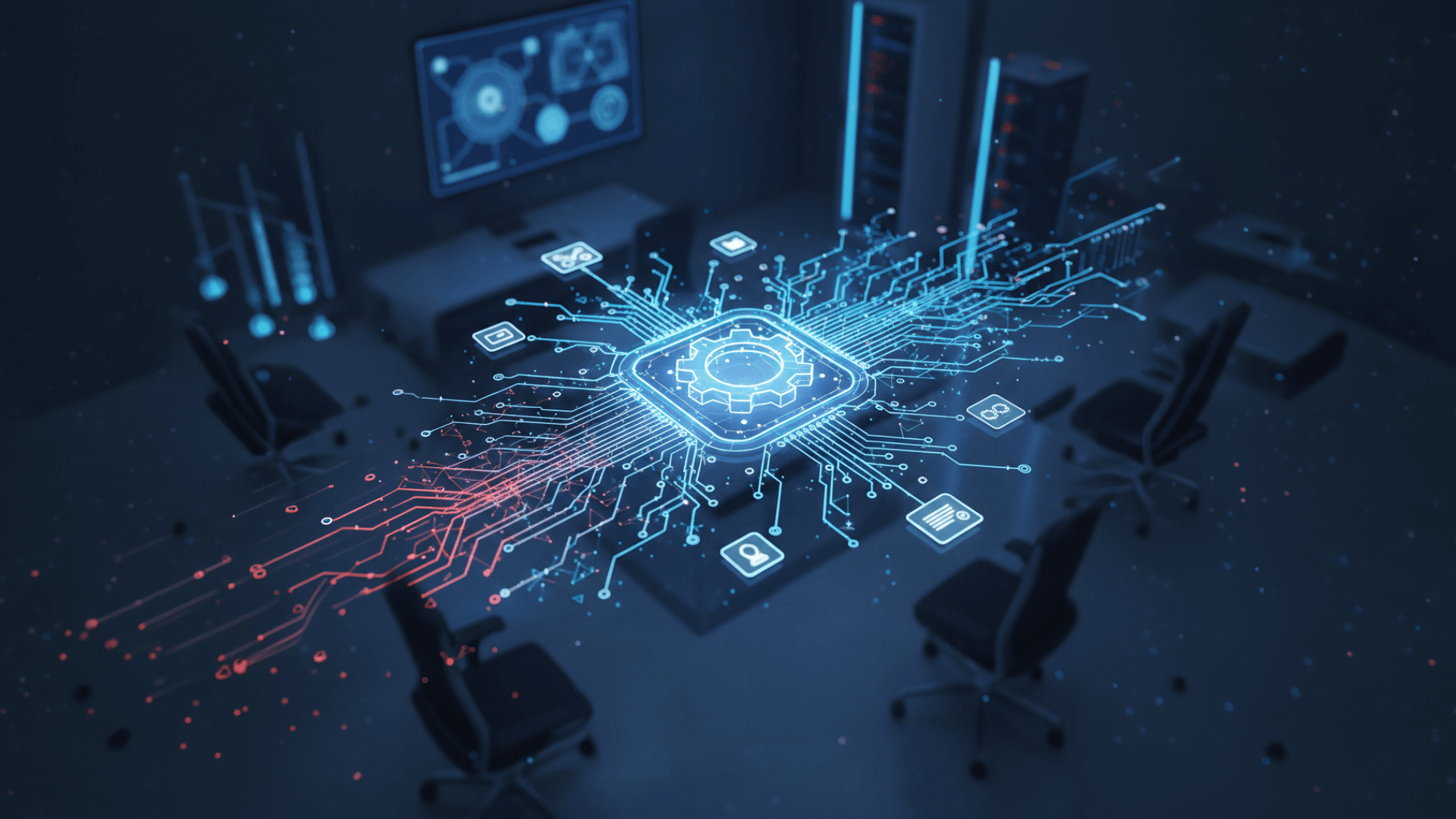Ologramma luminoso di un microchip con circuiti e icone digitali che fluttua sopra il tavolo di una moderna sala riunioni buia.
