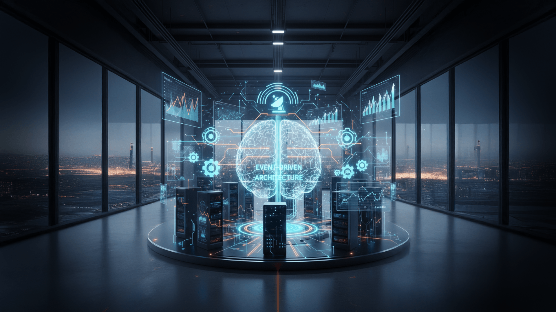Rappresentazione olografica di un cervello digitale con la scritta 'Event-Driven Architecture' all'interno di un moderno data center notturno con vista sulla città