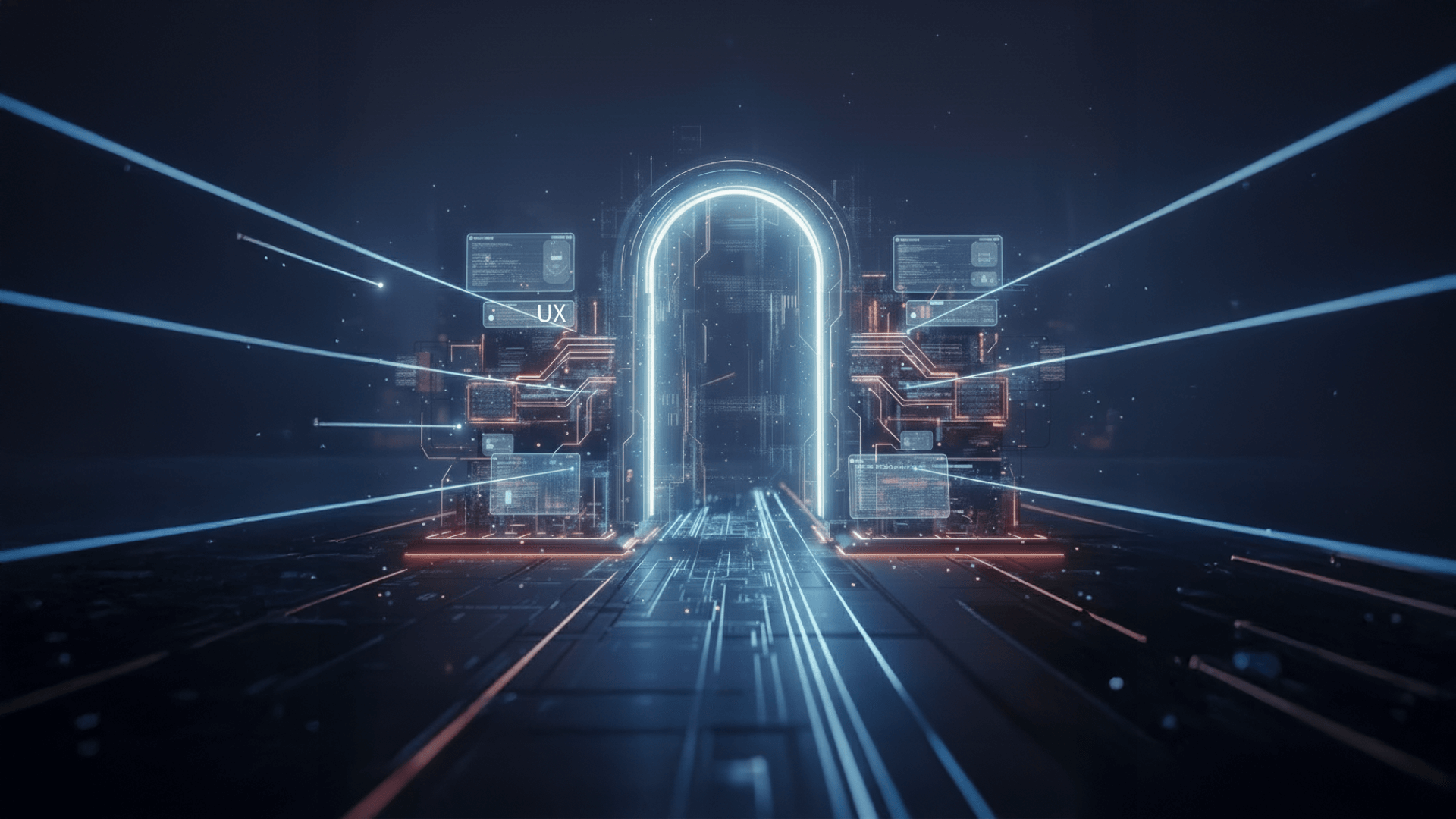 Un portale digitale luminoso a forma di arco, attraversato da veloci flussi di dati e circondato da schermi olografici in un ambiente futuristico scuro.