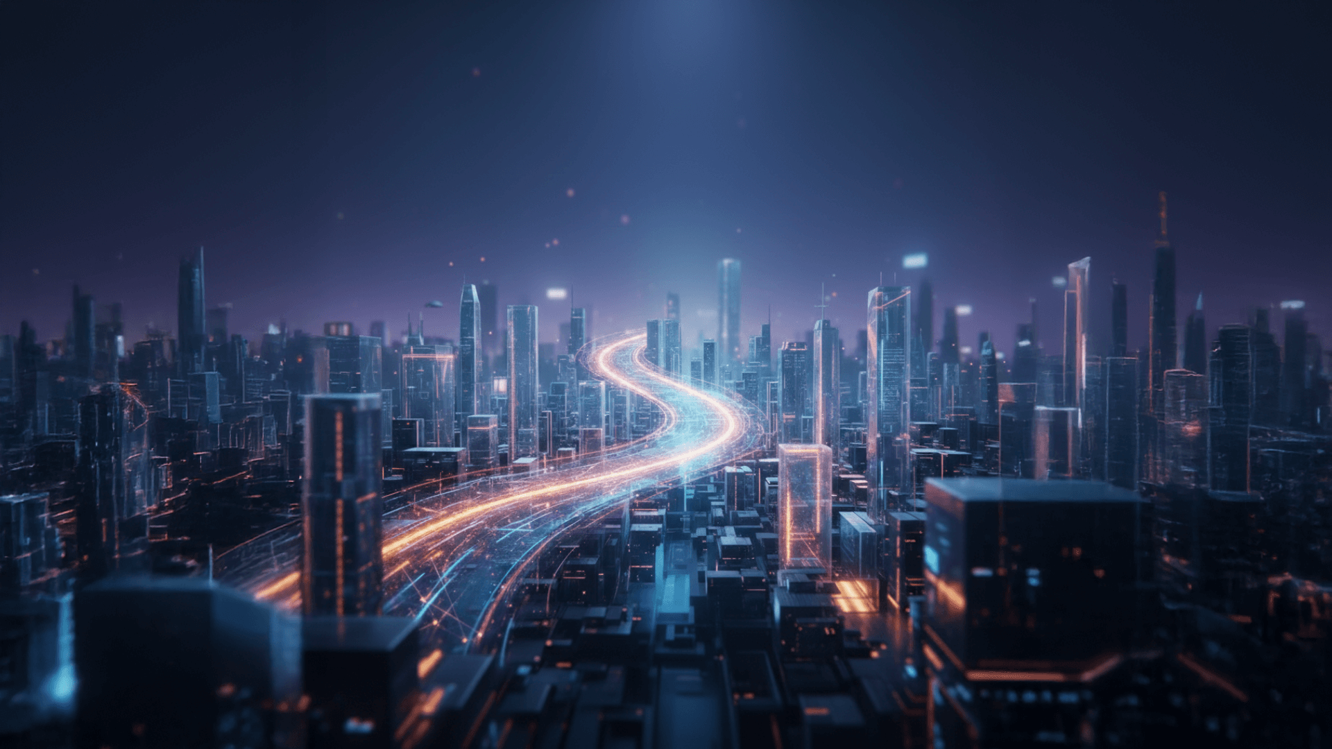 Un flusso di luce si snoda tra grattacieli futuristici come un'autostrada di dati illuminando la notte.
