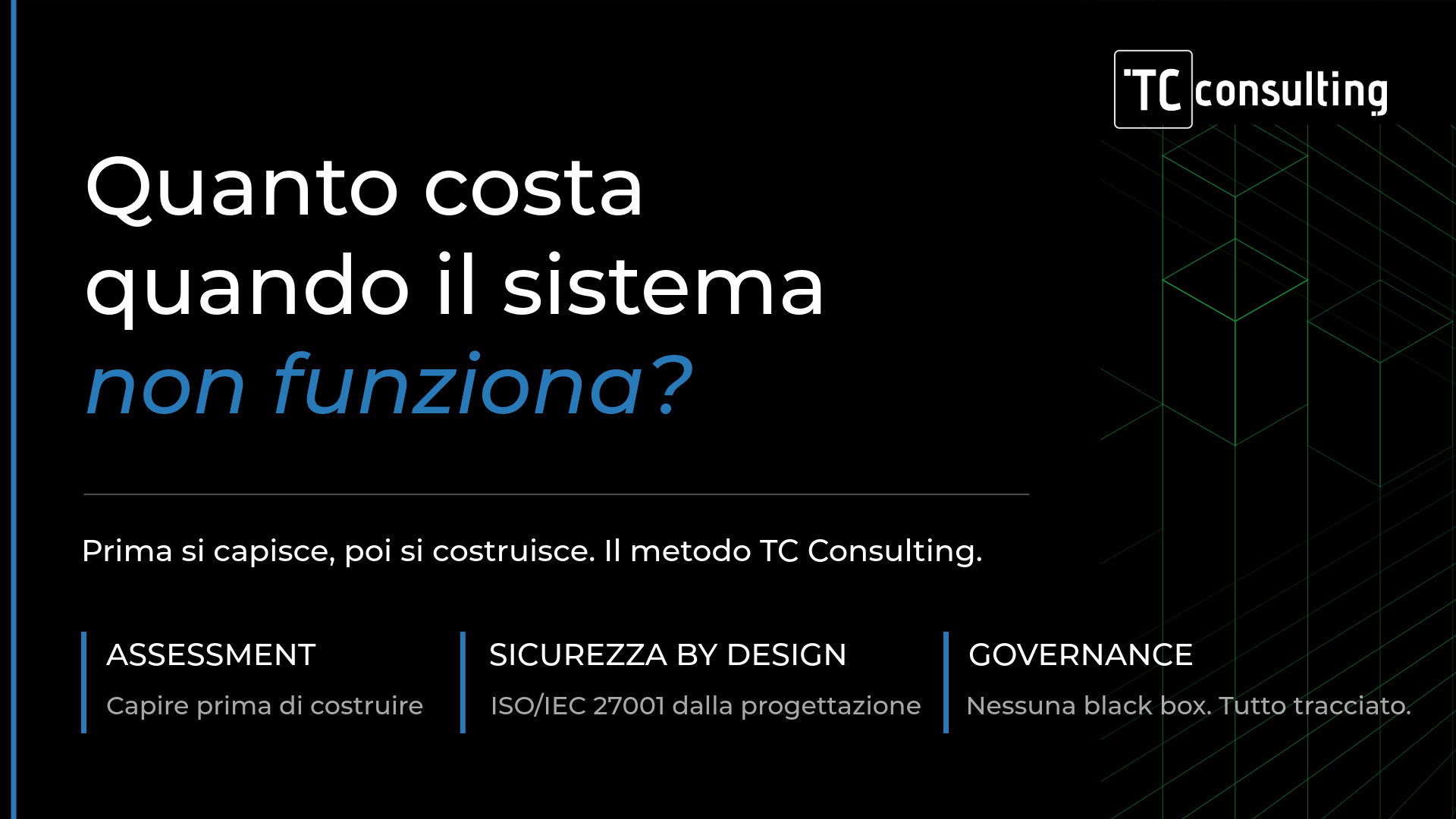 mmagine che illustra i capisaldi su cui si basa la strategia di TC Consulting per lo sviluppo dei progetti difitali: assesment, sicurezza by design e governance del prodotto