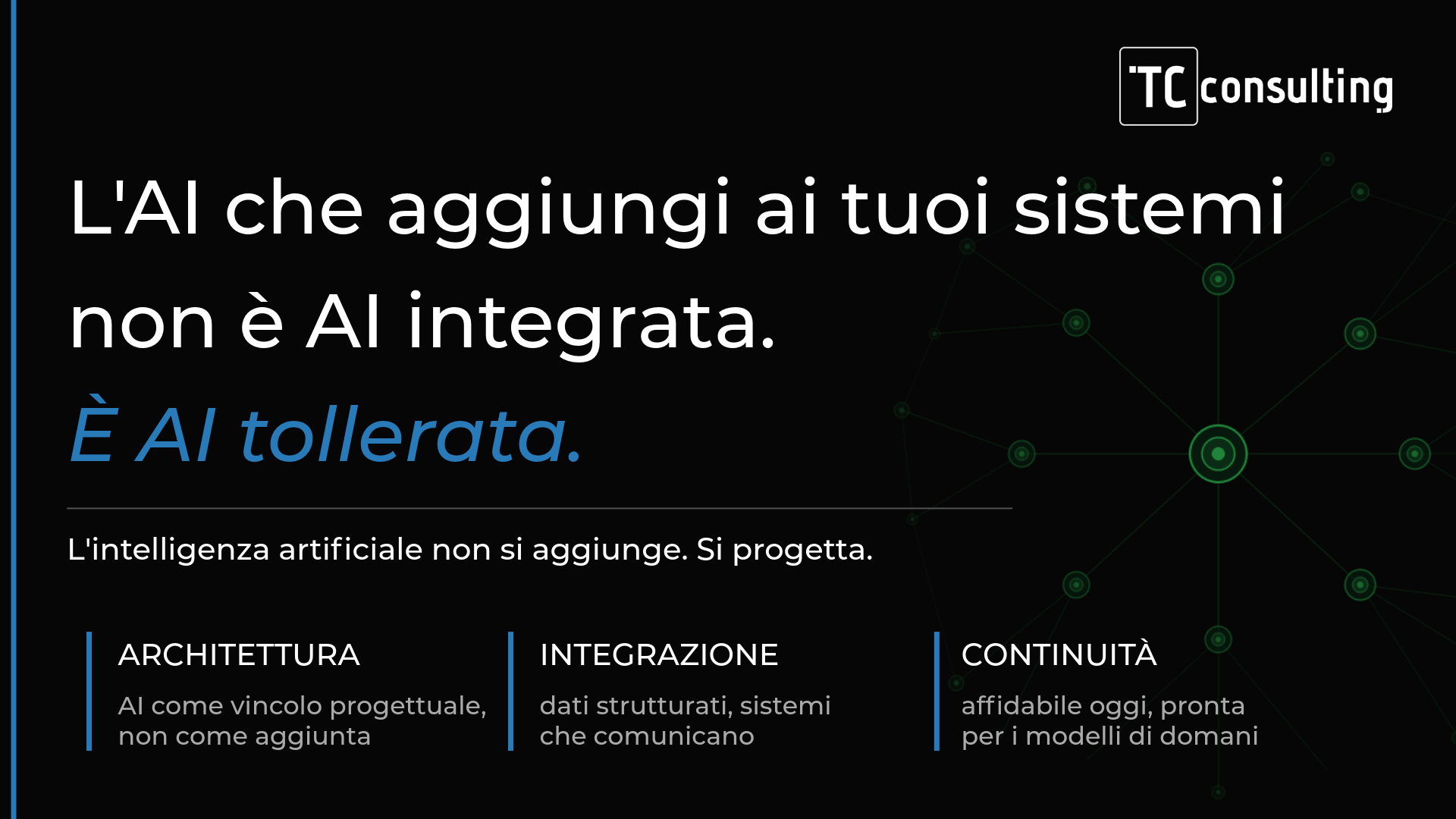 Immagine che illustra i 3 capisaldi per aver un AI integrata: architettura, integrazione e continuità