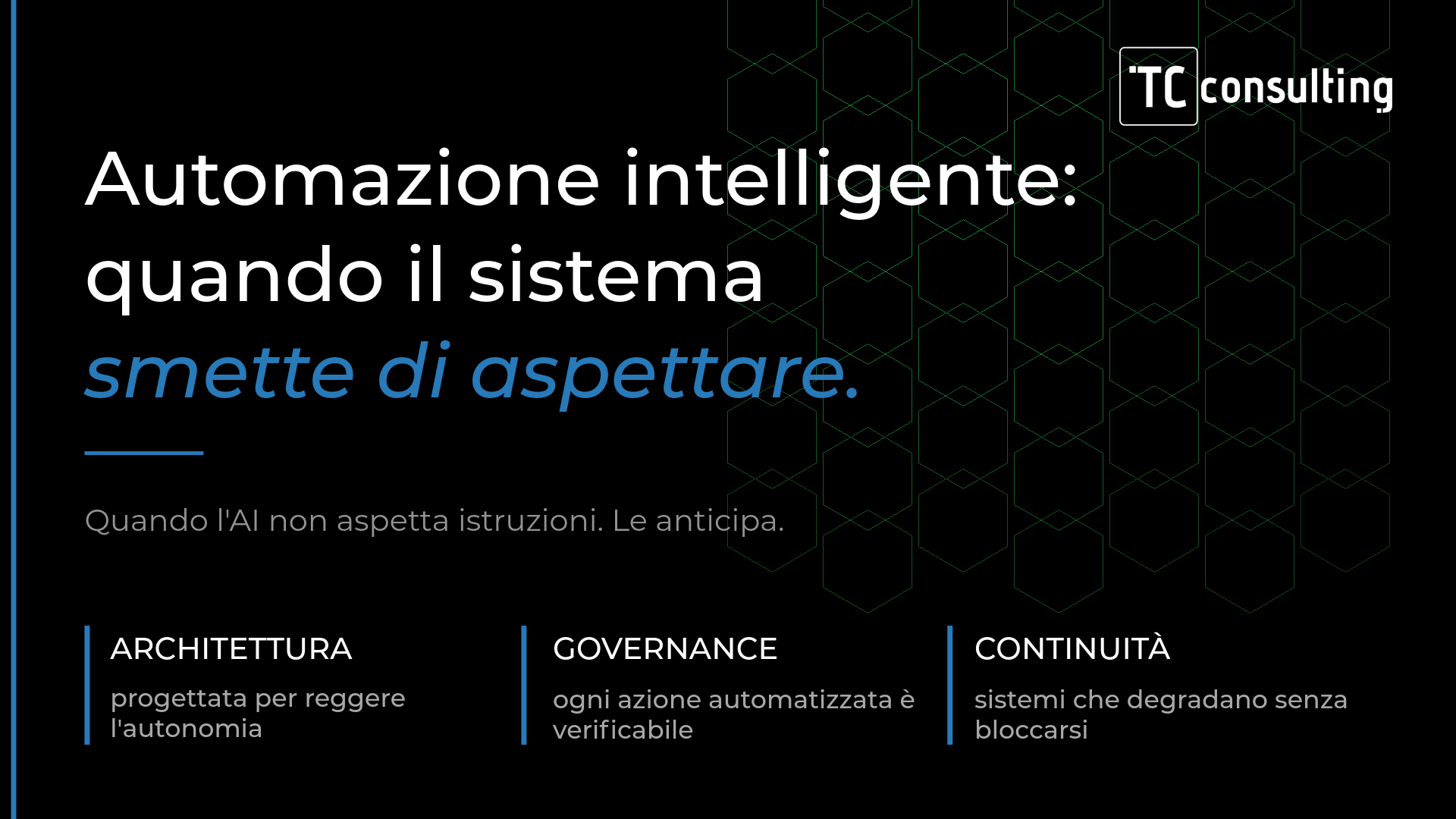 Grafica professionale di TC Consulting sull'AI Agentica e l'automazione intelligente. Sullo sfondo nero con esagoni verdi, compare il titolo "Automazione intelligente: quando il sistema smette di aspettare" e i tre pilastri: Architettura, Governance e Continuità.