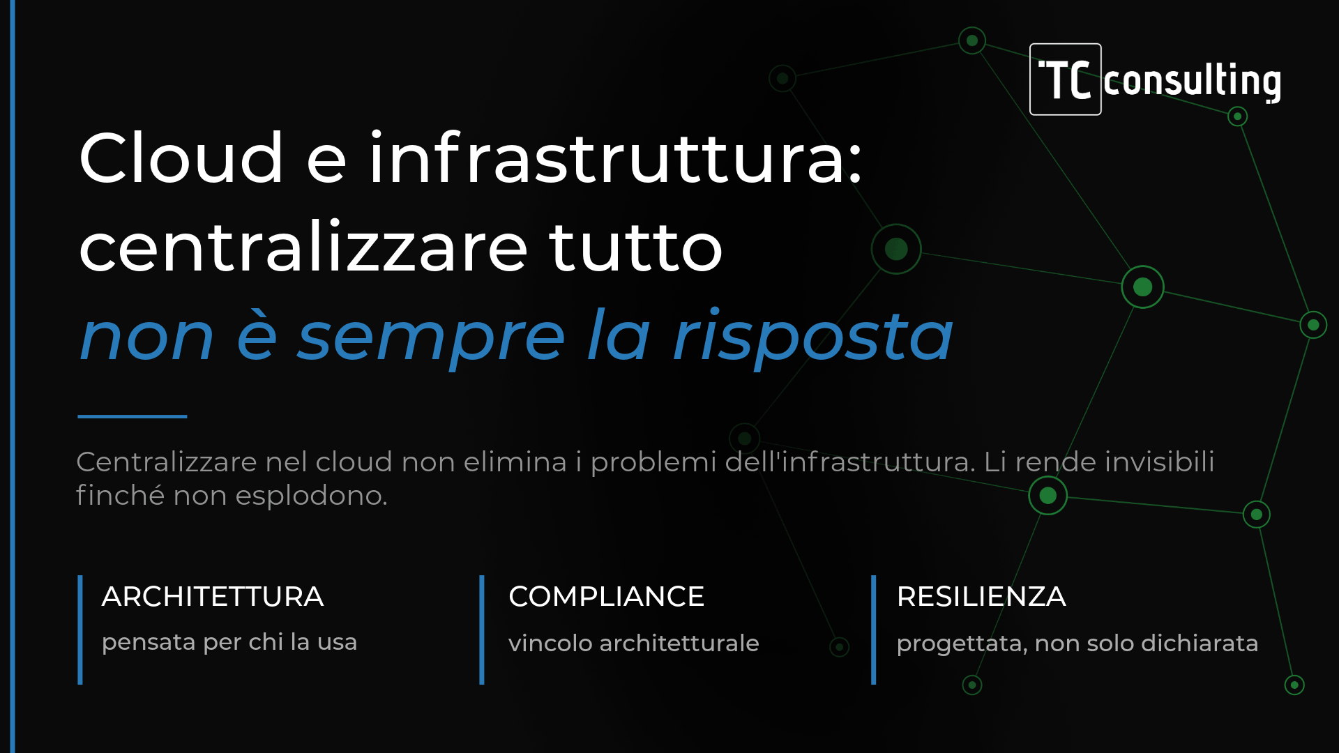Grafica TC Consulting su cloud e infrastruttura: ‘centralizzare tutto non è sempre la risposta’. Visual design dark con rete digitale, focus su architettura IT, compliance e resilienza infrastrutturale.