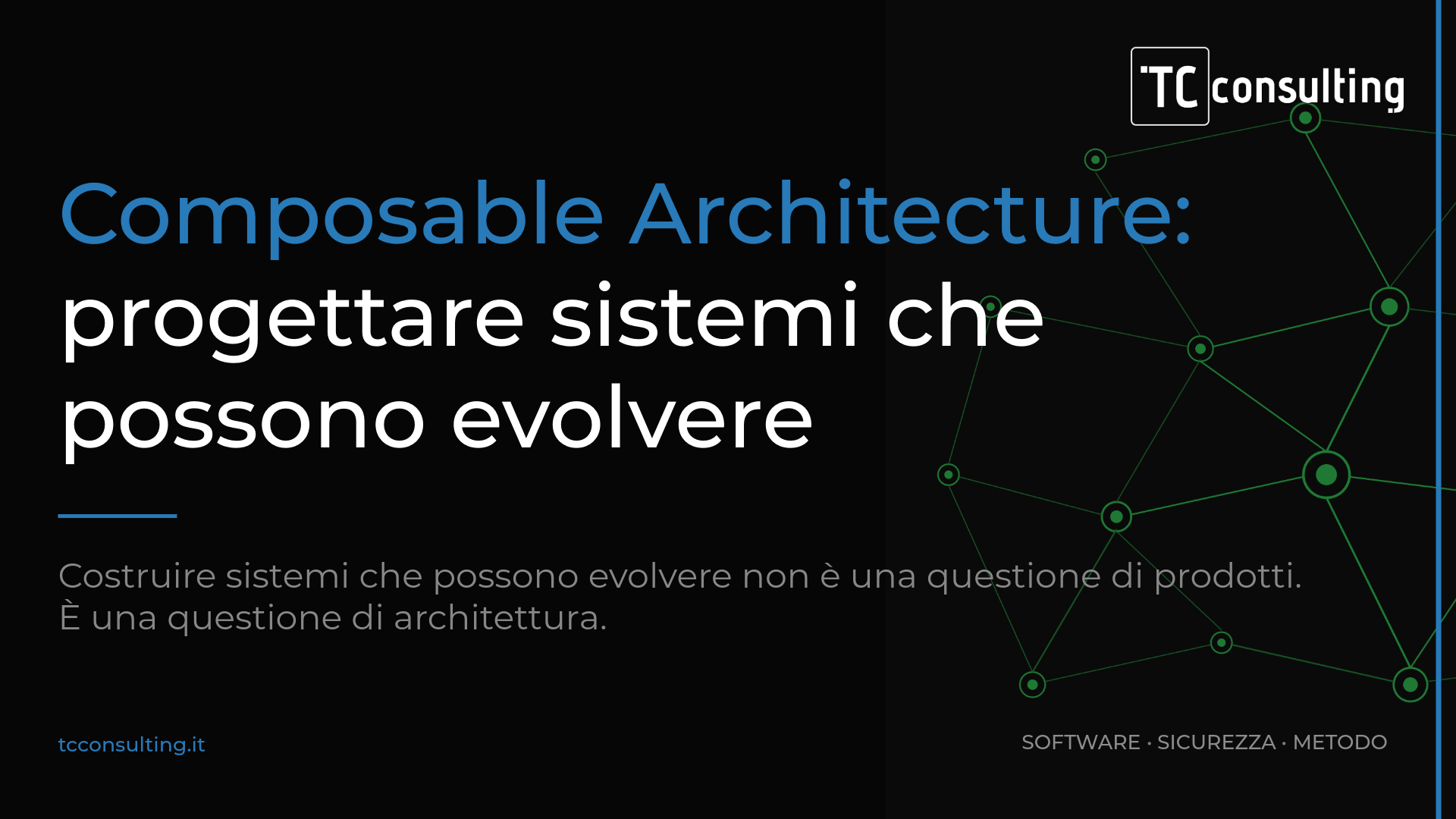Infografica di TC Consulting sulla Composable Architecture per progettare sistemi software evolutivi: Software, Sicurezza e Metodo.